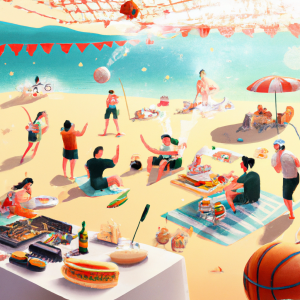 illustration of A beach picnic with fresh seafood, cold drinks, and a game of beach volleyball, modern design, for the web, cute, happy, 4k, high resolution, trending in artstation